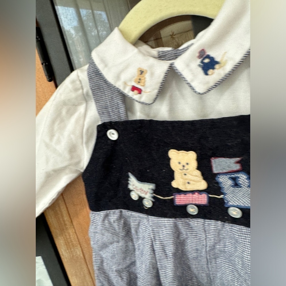 Vintage teddy bear coverall embroidered overalls baby boy collar train gingham - Picture 9 of 9
